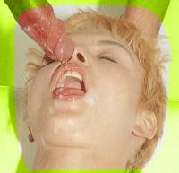 Blond girl with short hair, drinking cum...